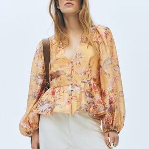 H&M Peplum Blouse Yellow/pink/dark green, Floral